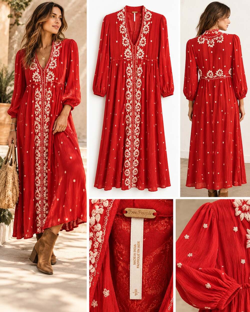 Free People Embroidered Fable Midi Dress Size S Red Boho